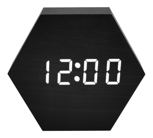 Reloj Despertador Hexágono Negro De Madera Con Led Blanca