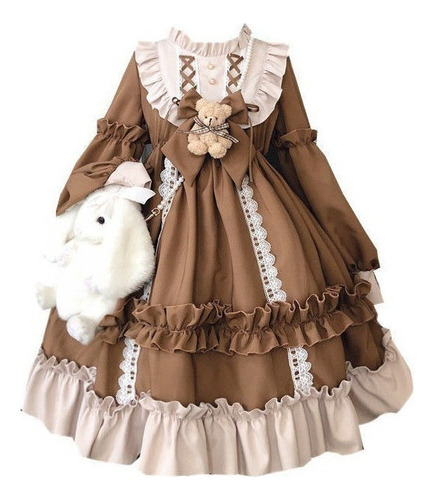 Vestido Lolita Para Mujer, Con Lazo Y Encaje, Manga Larga