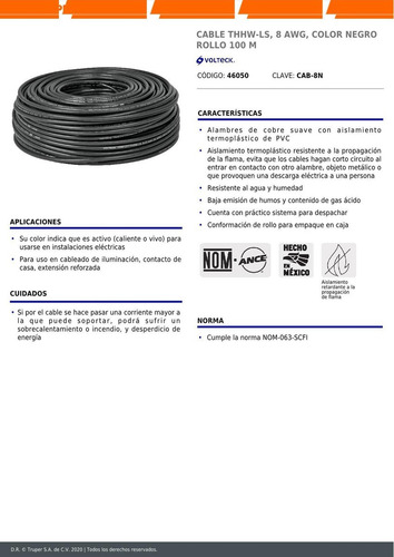 Imagen 4 de 5 de Cable Calibre 8 Thhw-ls Negro Voltech 46050