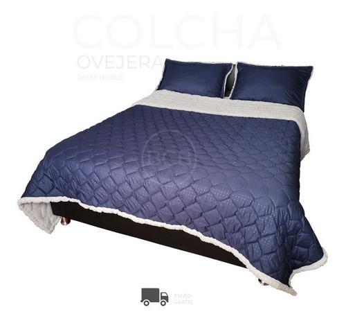 Plumón Colcha Ovejera Doble Faz, Doble Azul/gris + Fundas