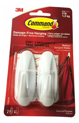 Pack 2x Gancho Mediano Multiusos 3m Command Cuelga Sin Dañar