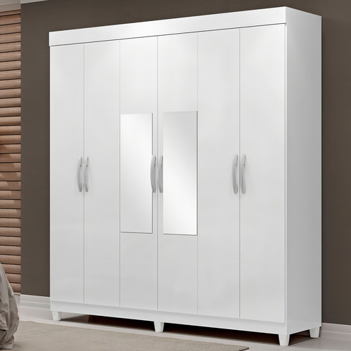 Guarda-roupa Casal Santarem 6 Portas 2 Gavetas Com Espelho Cor Branco