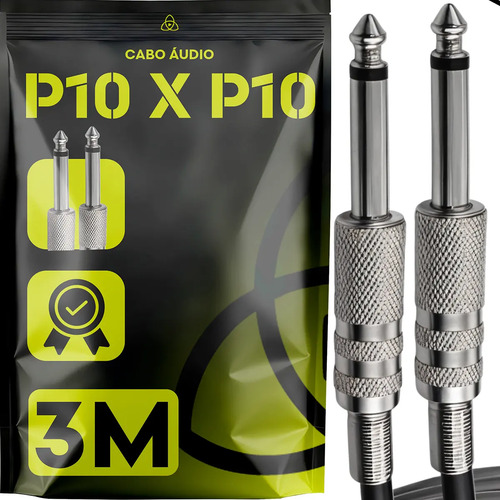 Cabo P10 X P10 Cabo De Áudio Stereo 3 Metros Niquel Guitarra Violão Baixo Teclado Mesa Mixer Microfone Profissional Trinity