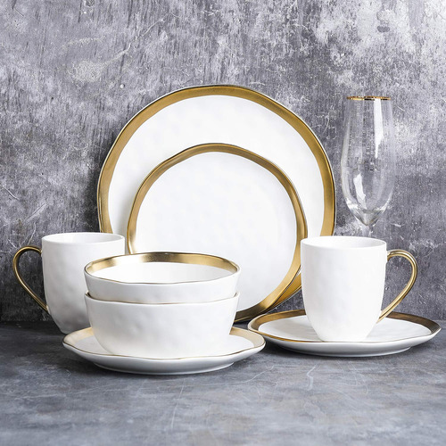 Vajilla De Porcelana 16 Piezas Servicio 4 Blanco Dorado