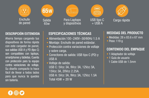 Imagen 3 de 3 de Cargador De Pared 65w Usb Y Type C Laptop, Tablet Smartphone