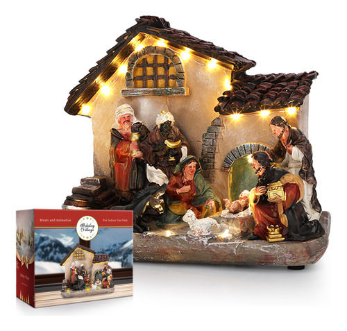Pesebre Nacimientos Navideños Resina Con Figuras Luz Led