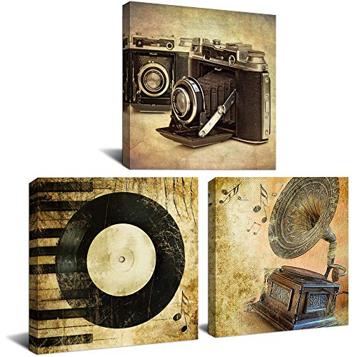 3 Panels Vintage Music Canvas Wall Art Camera Record Ph...