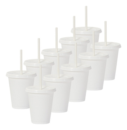60 Vasos Reusables Con Popote Para Bebida Fría Mini 16 Oz Color Blanco