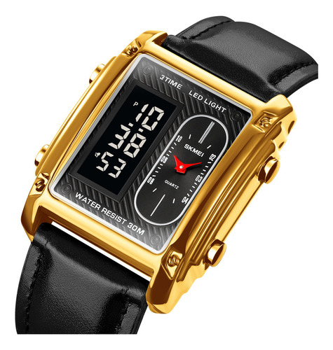 Reloj Skmei Rectangular Piel Genuina Tres Hrs Configurables Correa Negro Bisel Dorado