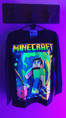 Remera Manga Larga Minecraft Juego Fluo Brilla En Oscuridad