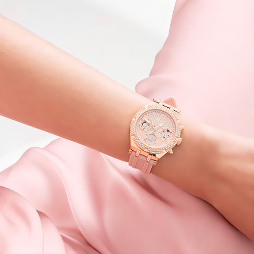 Relógio para mulheres da marca Guess Model Heiress Strap Color: rosa, cor do bisel, ouro rosa, cor de fundo, ouro rosa