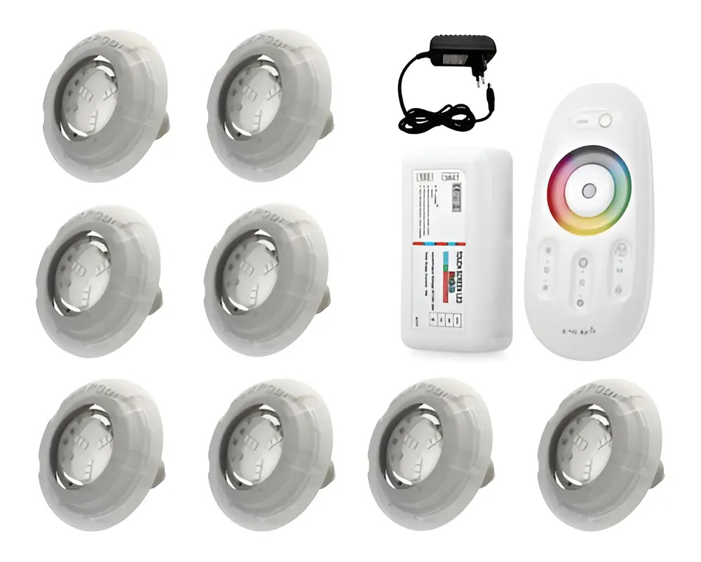 Kit Led Piscina Com Controle + 8 Leds Rgb + Fonte