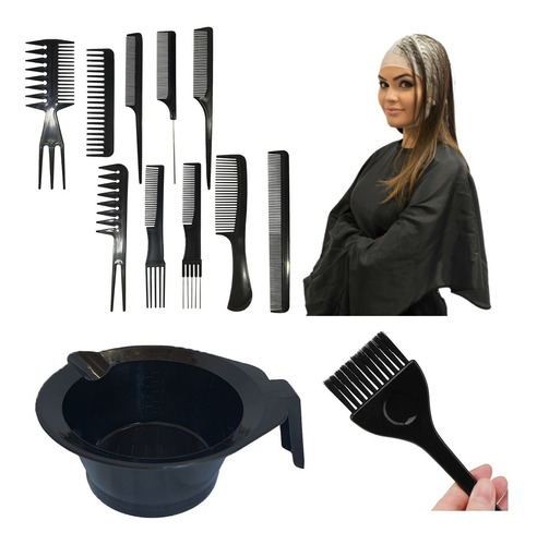 Set De 10 Peines + Gorro De Silicona + Bowl + Pincel Tintura