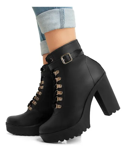 Bota Feminina Coturno Tratorada Salto Alto 9cm Moda Preta Frete