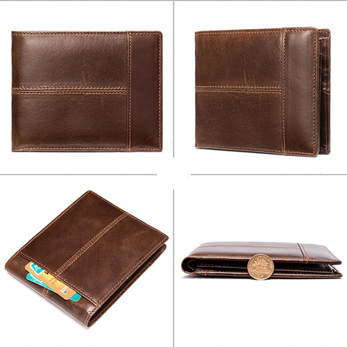 Cartera Hombre Piel Genuina Billetera Antirrobo Rfid/cartera Marrón Oscuro
