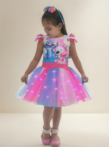 Vestido Stitch E Angel - Saia Tutu Colorido Com Led