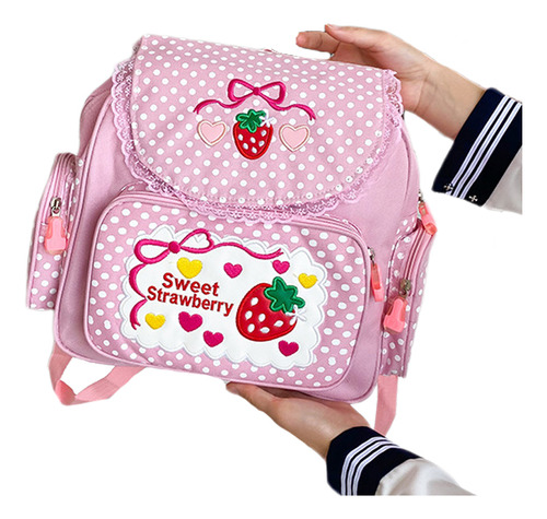 Bonita Mochila Escolar Para Niñas Con Bordado De Fresas