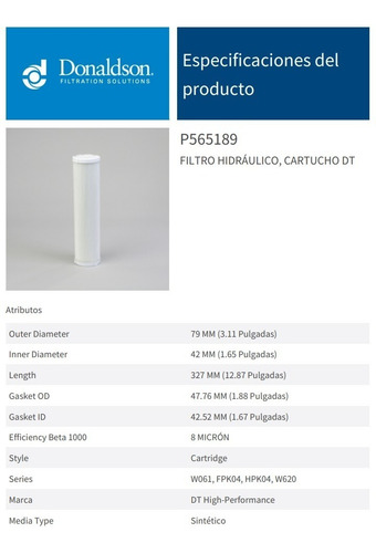 P565189 Filtro Hidraulico Donaldson High Perfomance 100verd.