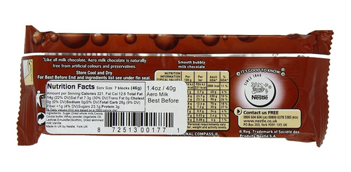 Barra De Chocolate Con Leche Nestle Aero, (27 G) 1.4 Onzas (