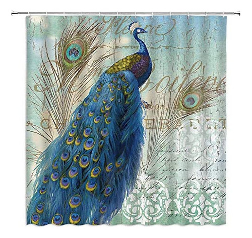 V Cortina De Ducha De Pavo Real Azul Vintage Retro Elegante