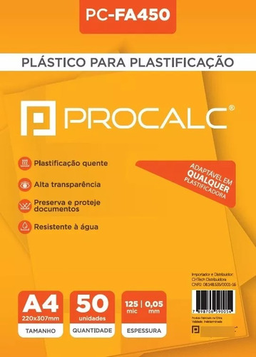 Plástico P/ Plastificação Pc-fa450 220x307 125m 0,05mm 50 Un