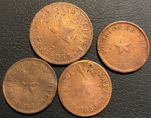 4 Moneda Chilenas Cobre Año 1851 Y 1853, Uno Y Medio Centavo