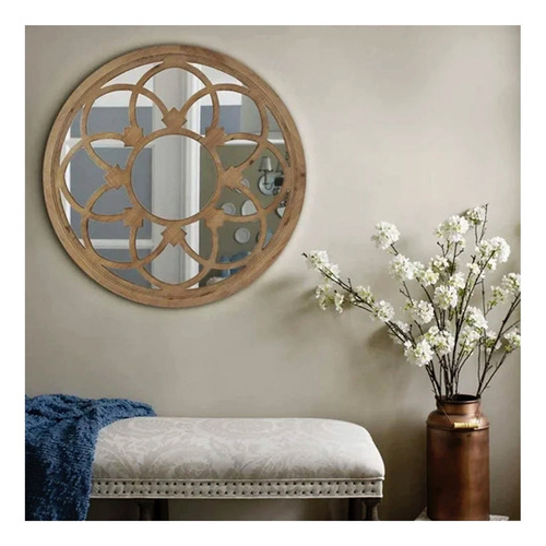 Espejo Circular Rústico Mandala De Madera Decorativo 55 Cm