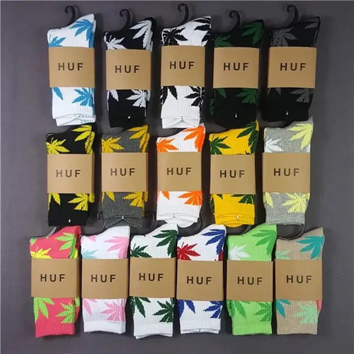 1 Par Calcetines Largos Huf Plantlife Unisex Skate Board Gym Blanco Hoja Azul Estampado Unitalla