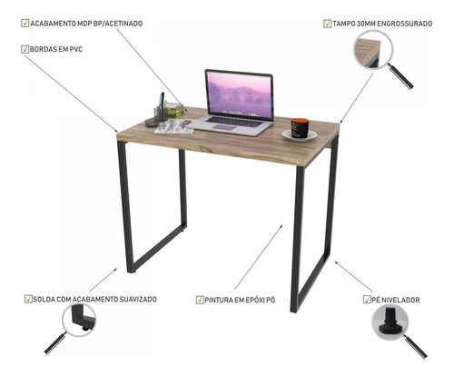 Mesa Para Escritório Home Office Estilo Industrial Form 90 Cm Carvalho - Lyam Decor