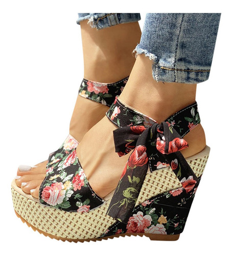 De Mujer Cuñas Tacón Sandalias Floral Flor Zapatos Con Cordo