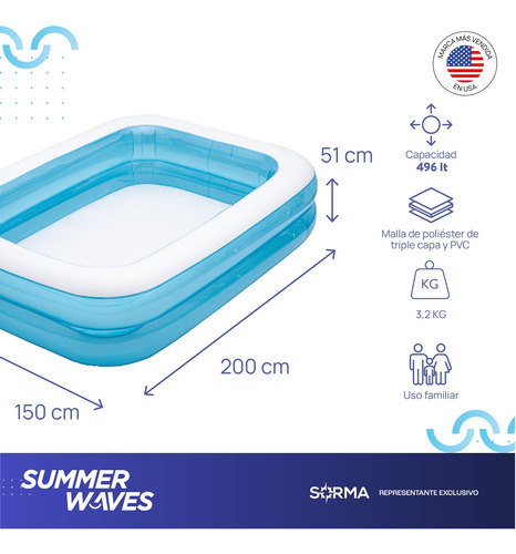 Imagen 2 de 7 de Pileta Inflable Familiar Summer Waves 496lts 200 X 150 X 51
