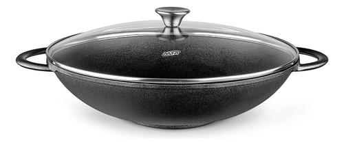 Wok 36 Cm Hierro Fundido Tapa De Vidrio Mta Negro