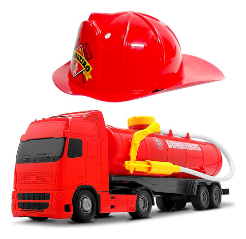 Caminhão De Brinquedo Bombeiros Tanque Com Àgua E Capacete