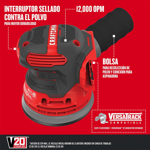 Lijadora Orbital Para Madera Inalámbrica 20v Craftsman Rojo/negro 50