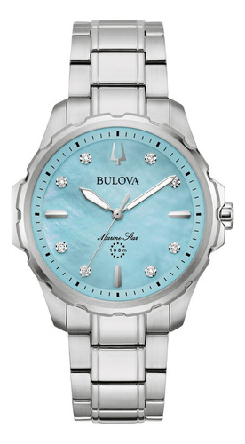 Reloj Bulova Marine Star Ladies Serie B 96p248 Correa Plateado Bisel Plateado Fondo Madre Perla Azul