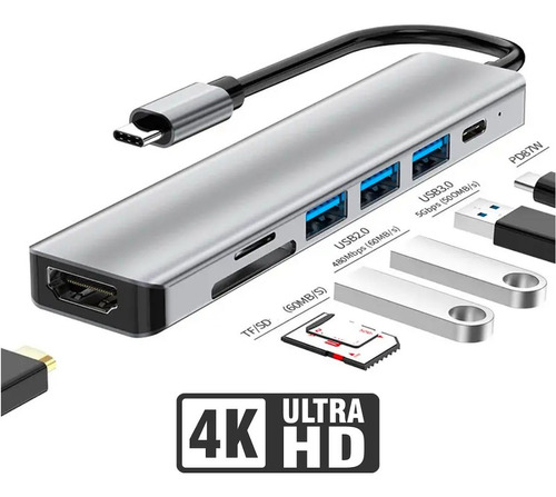 Hub Cabo Adaptador Multiportas Usb-c 7 Em 1 Hdmi 4k Usb 3.0