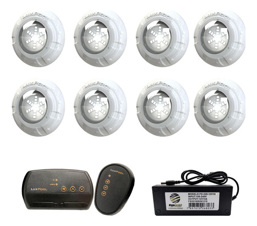 Kit Iluminação Piscina 128m² - 8 Led 9w, Módulo Rgb C/ Fonte