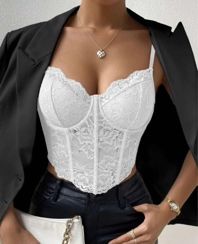 Top Corset Musculosa Encaje Armado Blanco Mujer Tendencia
