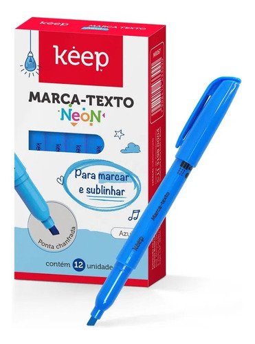 Caneta Marca Texto Azul Neon Caixa 12 Unidades Keep - Mr067