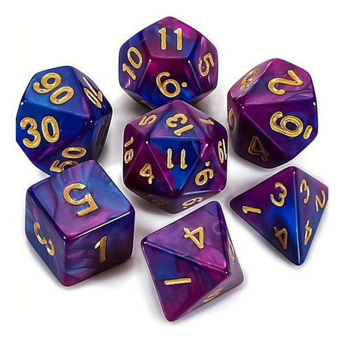 Dados Rpg Conjunto Com Sete - Roxo Com Azul C/ N° Dourado Idioma Português