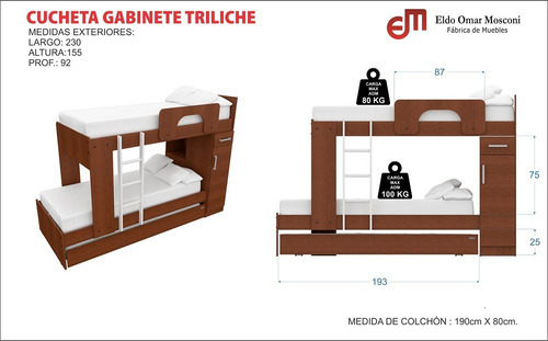 Cama cucheta triple Mosconi Dakar/Express 1 plaza color venezia fabricada en mdp