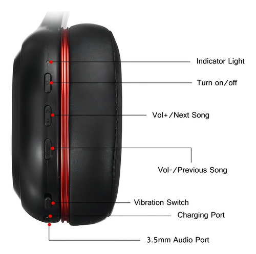 Fone Headset Gamer Picun P80s Led Rgb Sem Fio Bluetooth Cor Preto Com Detalhes Vermelho