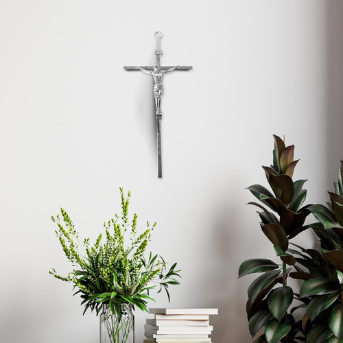 Crucifixo Parede Moderno Cruz Metal Prata Alto Brilho 30cm