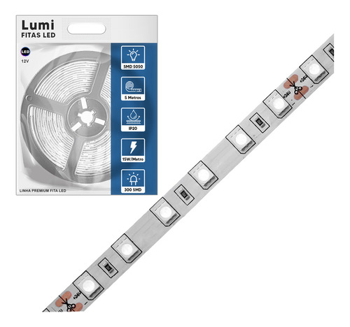 Fita Led Smd 5050 com 60leds 5m 12v ip20 Cor Da Luz Azul Lumi