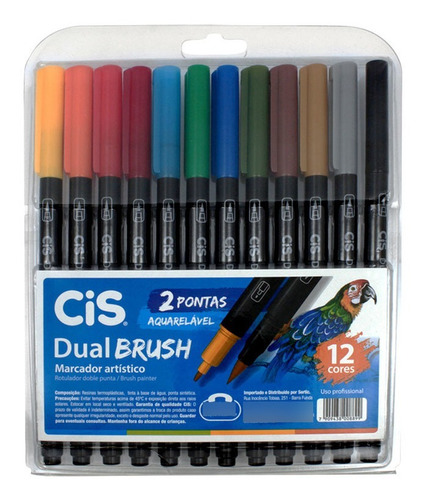 Picel Brush Pen 12 Cores Duas Pontas Aquarelável Cis Pen