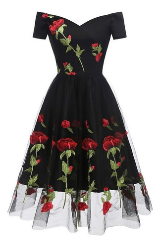 Vestido Hombros Descubiertos Con Bordado De Flores P/mujer