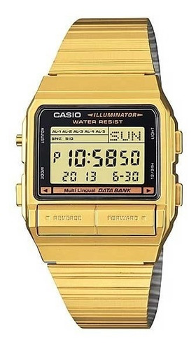 Reloj Casio con banco de datos unisex DB-380G-1df, color de correa dorado y bisel, color negro, color de fondo gris