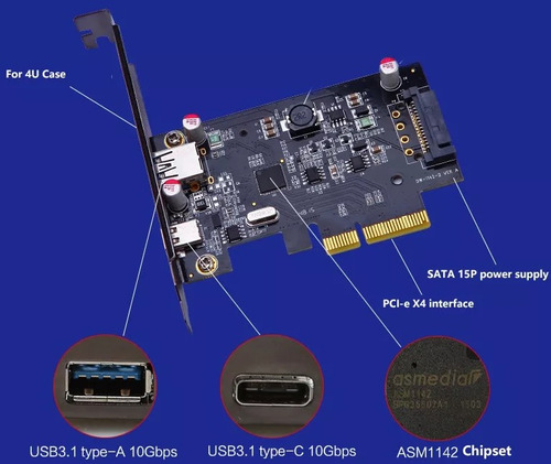 Imagen 5 de 7 de Tarjeta Pci-e Express X1 1 Puerto Usb-c + Usb 3.0 Low Profil