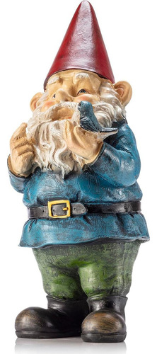 Estatua Gnomo Jardín Alpine 30 Cm Sosteniendo Pájaro