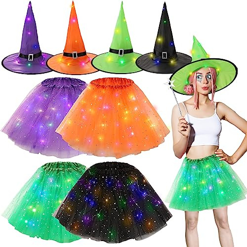 Conjunto Halloween Led Mujer Tutú Ballet Y Sombrero Bruja Con Luces